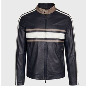 Phineas Cole Leather Riding Jacket with Stripe, Dark Blue